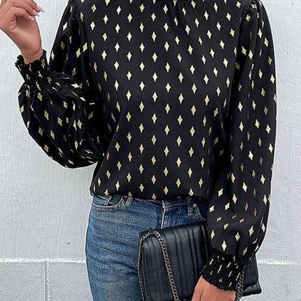 Geometric Print Frill Neck Lantern Sleeve Blouse - MimiStylez