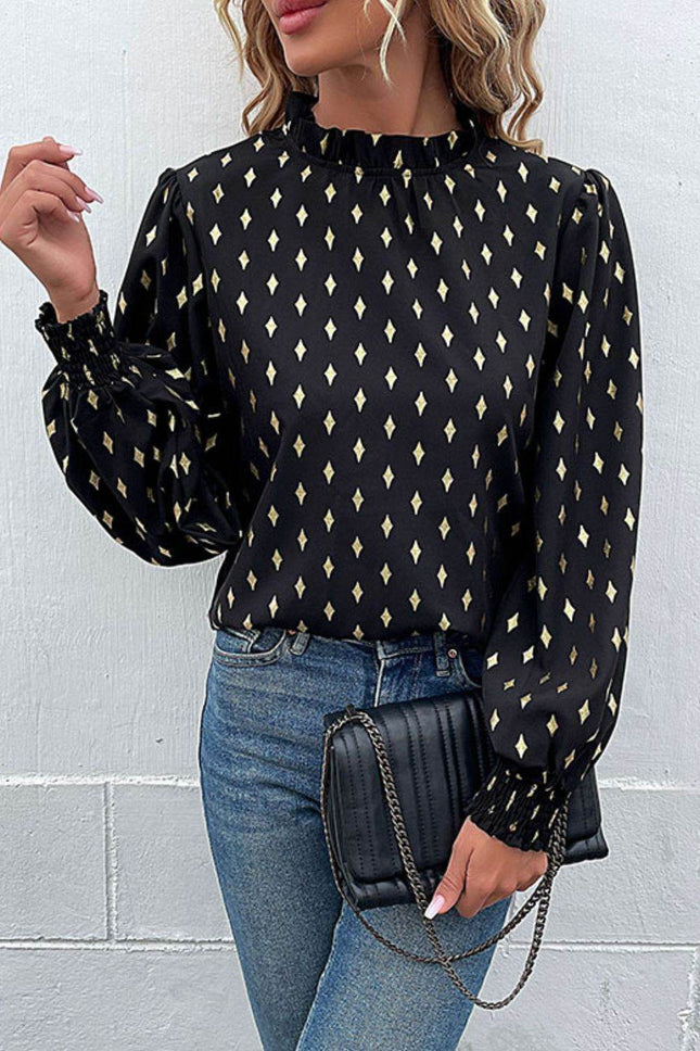 Geometric Print Frill Neck Lantern Sleeve Blouse - MimiStylez