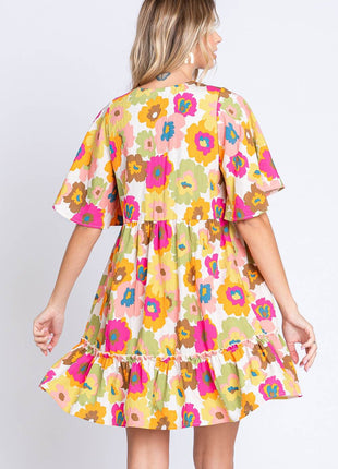 GeeGee Full Size Floral V-Neck Ruffle Trim Mini Dress - MimiStylez