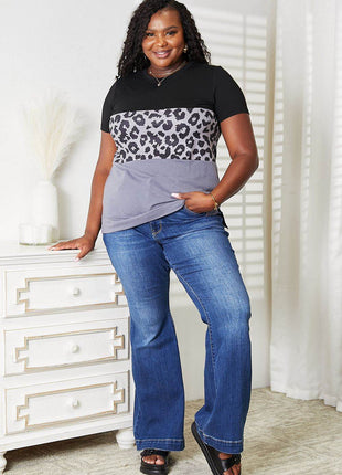 Double Take Leopard Print Color Block Short Sleeve T-Shirt - MimiStylez