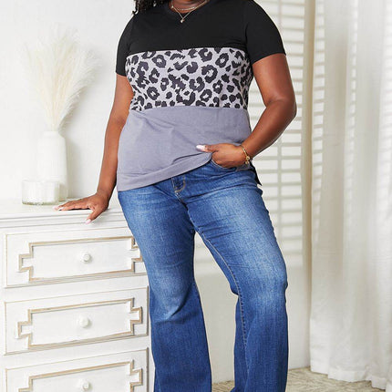 Double Take Leopard Print Color Block Short Sleeve T-Shirt - MimiStylez