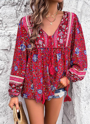 Printed Tie Neck Long Sleeve Blouse - MimiStylez