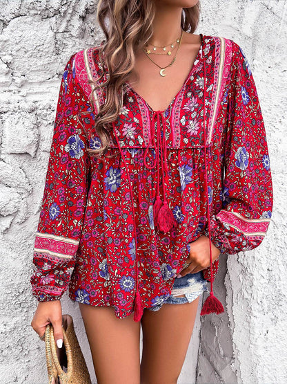 Printed Tie Neck Long Sleeve Blouse - MimiStylez
