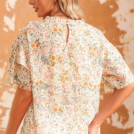Floral Round Neck Short Sleeve Blouse - MimiStylez