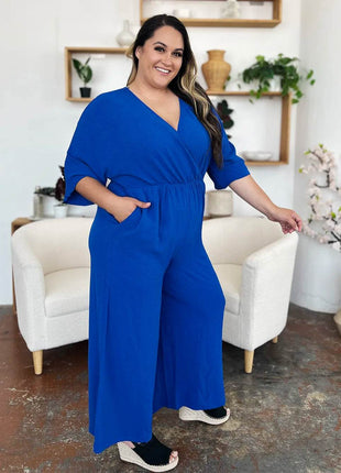 Double Take Full Size Surplice Wide Leg Jumpsuit with Pockets - MimiStylez