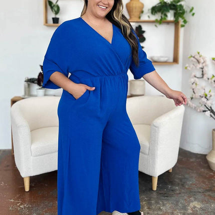 Double Take Full Size Surplice Wide Leg Jumpsuit with Pockets - MimiStylez