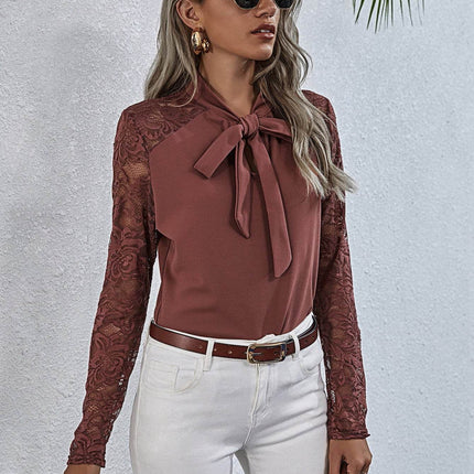 Tie Neck Spliced Lace Long Sleeve Top - MimiStylez