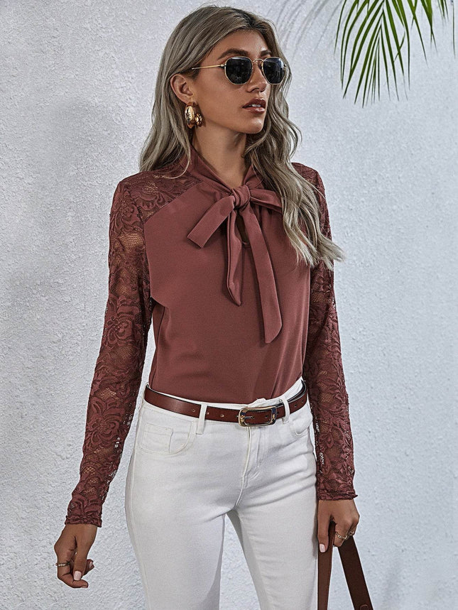 Tie Neck Spliced Lace Long Sleeve Top - MimiStylez