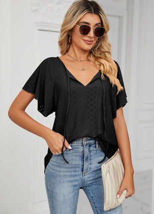 Eyelet Tie-Neck Flutter Sleeve Top - MimiStylez