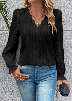 V-Neck Lace Detail Flounce Sleeve Blouse - MimiStylez