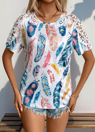 Printed Round Neck Lace Short Sleeve Top - MimiStylez
