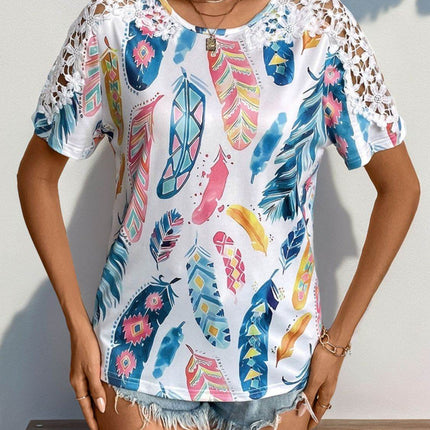 Printed Round Neck Lace Short Sleeve Top - MimiStylez