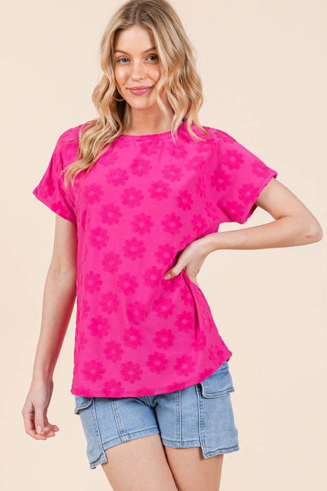 BOMBOM Textured Floral Pattern Short Sleeve T-Shirt - MimiStylez