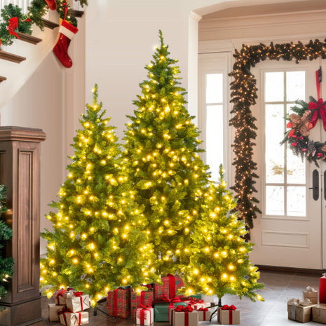 8FT, 6FT, 4FT Pre-Lit Green Pine Christmas Tree, Set Of 3 Hinged With 820 Warm-Yellow LED Lights And 2539 Branch Tips