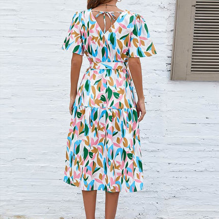 Printed Tie-Waist V-Neck Flutter Sleeve Dress - MimiStylez