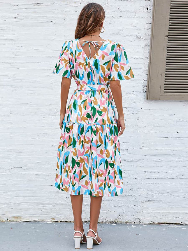 Printed Tie-Waist V-Neck Flutter Sleeve Dress - MimiStylez