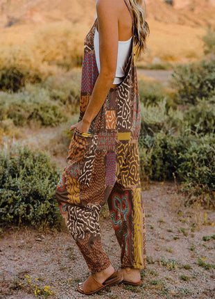 Full Size Printed V-Neck Sleeveless Jumpsuit - MimiStylez