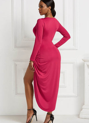 High-low Ruched Surplice Long Sleeve Dress - MimiStylez