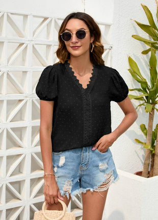 Swiss Dot Lace Detail V-Neck Blouse - MimiStylez