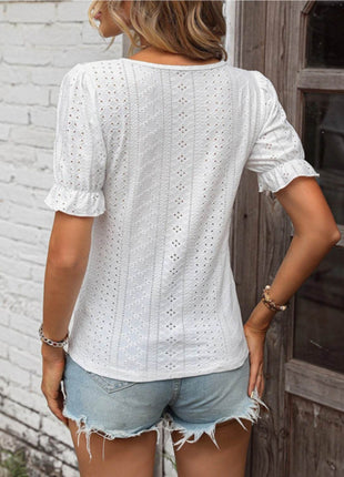 Eyelet Lace Detail V-Neck Flounce Sleeve Blouse - MimiStylez