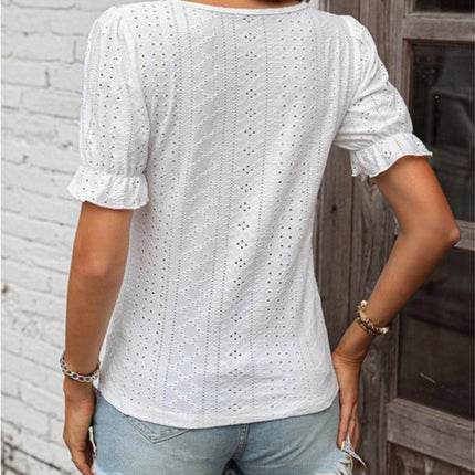 Eyelet Lace Detail V-Neck Flounce Sleeve Blouse - MimiStylez