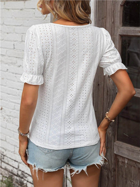 Eyelet Lace Detail V-Neck Flounce Sleeve Blouse - MimiStylez