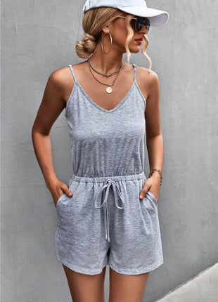 Spaghetti Strap V-Neck Pocket Romper - MimiStylez