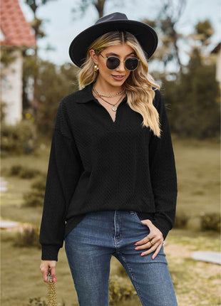 Collared Neck Cable-Knit Long Sleeve Blouse - MimiStylez