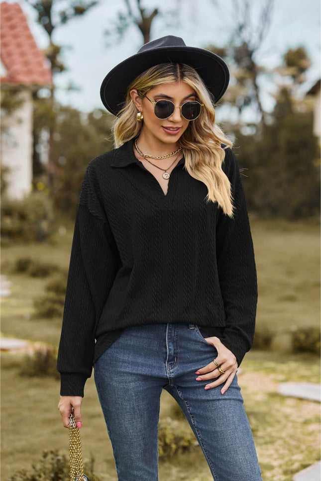Collared Neck Cable-Knit Long Sleeve Blouse - MimiStylez