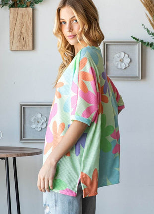 HOPELY Floral Round Neck Waffle T-Shirt - MimiStylez