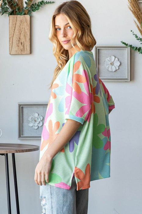 HOPELY Floral Round Neck Waffle T-Shirt - MimiStylez