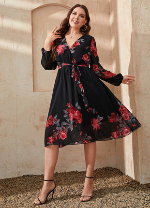Plus Size Floral Surplice Neck Tie Waist Dress - MimiStylez