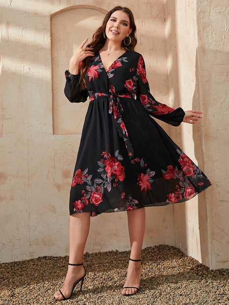 Plus Size Floral Surplice Neck Tie Waist Dress - MimiStylez