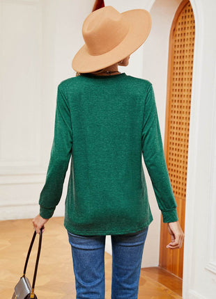 Buttoned Notched Neck Long Sleeve Top - MimiStylez