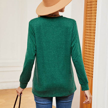 Buttoned Notched Neck Long Sleeve Top - MimiStylez