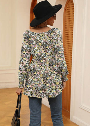 Printed V-Neck Lantern Sleeve Blouse - MimiStylez