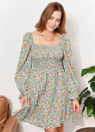 Floral Smocked Flounce Sleeve Square Neck Dress - MimiStylez