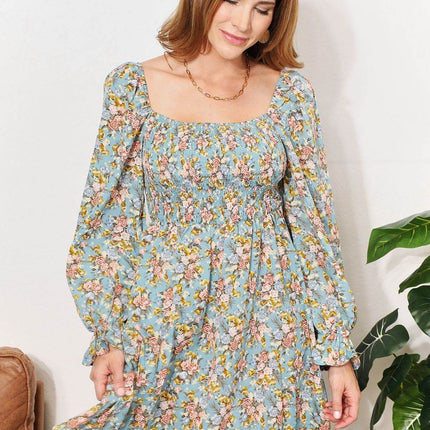 Floral Smocked Flounce Sleeve Square Neck Dress - MimiStylez