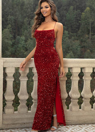 Sequin Backless Split Maxi Dress - MimiStylez