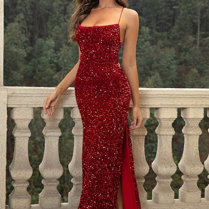 Sequin Backless Split Maxi Dress - MimiStylez