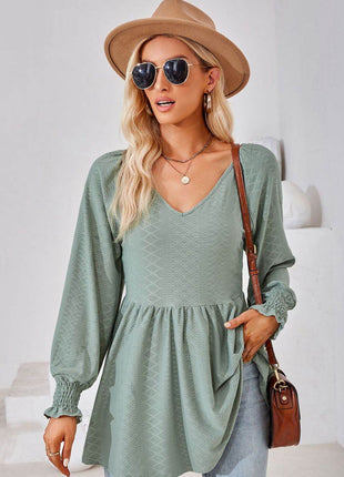 V-Neck Lantern Sleeve Blouse - MimiStylez