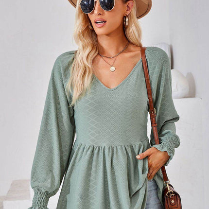 V-Neck Lantern Sleeve Blouse - MimiStylez