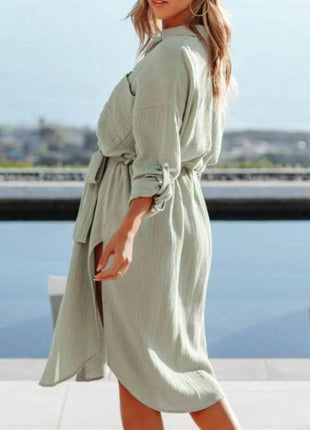 Button Down Tie Waist Shirt Dress - MimiStylez