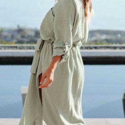 Button Down Tie Waist Shirt Dress - MimiStylez