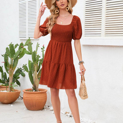 Swiss Dot Smocked Square Neck Dress - MimiStylez