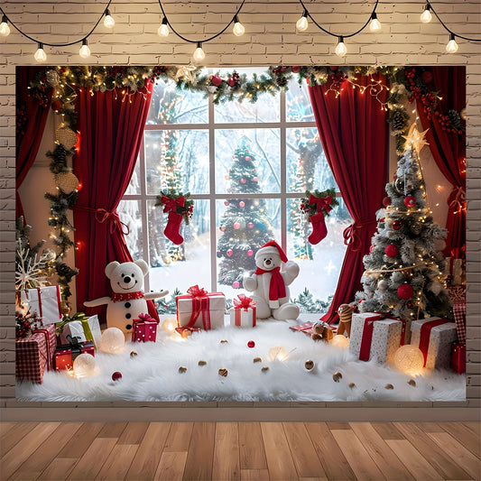 Winter Wonderland Christmas Photography Backdrop - Vibrant Country Window Scene with Snowman, Tree & Gifts - Perfect for Holiday Parties, Home Decor & Studio Props