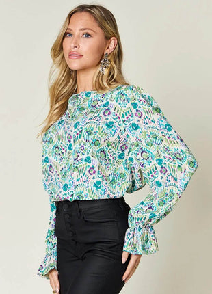 Double Take Full Size Printed Flounce Sleeve Blouse - MimiStylez