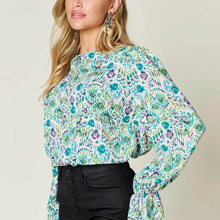Double Take Full Size Printed Flounce Sleeve Blouse - MimiStylez