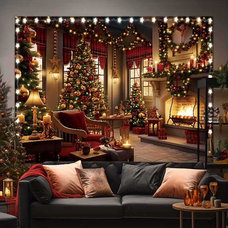 1pc Luminous Christmas Tapestry - Polyester Fiber Wall Decoration with Fireplace, Stockings, and Tree Pattern, Free Installation Package and Light String Included for Popular Party Photography Studio Props and Room Decoration