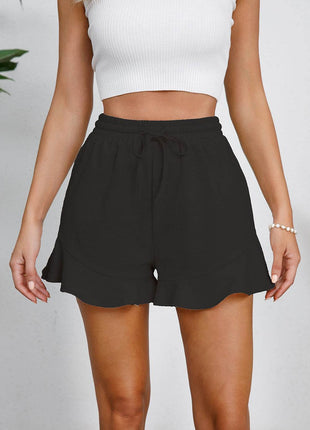 Full Size Drawstring Ruffle Hem Shorts - MimiStylez